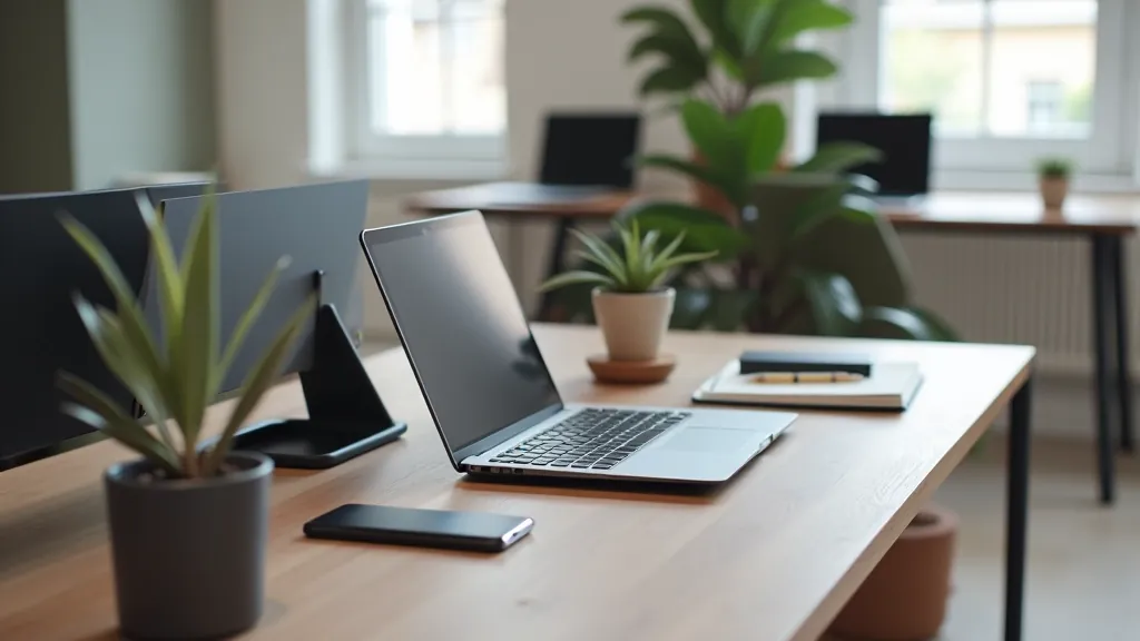 Minimalistický pracovní stůl s digitálním plánovacím nástrojem